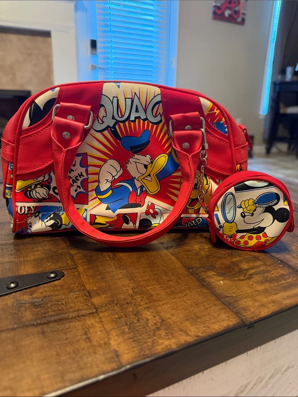 Red Donald Duck Print Dome Satchel Bag with Coin Pouch